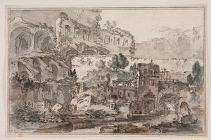 Prospetto con rovine e case vicino a un corso d