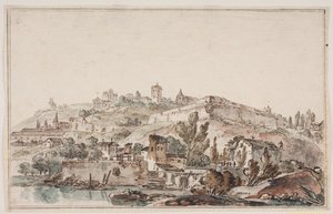 Prospetto romano con mura cittadine e chiese