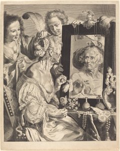 Una vecchia al tavolo da toilette da Jeremias Falck after Johann Liss after Bernardo Strozzi