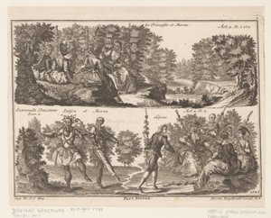 Due scene teatrali con figure in un paesaggio boscoso da Jeremias Wachsmuth