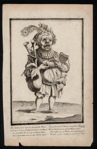 Uomo che porta una cornamusa e indossa un copricapo con piume di pavone, stampa di costume surrealista, c1700 da Jeremias Wolff