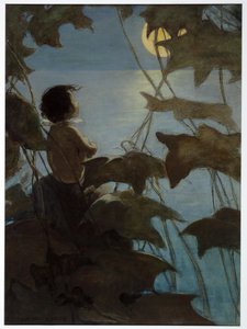 Guardò la grande luna gialla e pensò che lei lo guardasse, da The Water Babies di Charles Kingsley, pub. 1916 da Jessie Willcox Smith