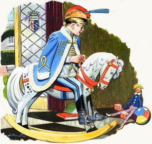 Ragazzo su cavallo a dondolo, illustrazione da "Teddy Bear" (gouache su carta) da Jesus Blasco