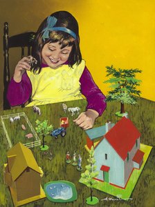 Ragazza con fattoria giocattolo (gouache su carta)