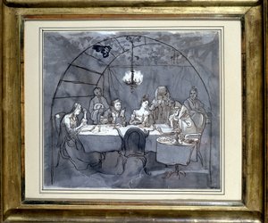Festa delle Capanne al ristorante Kasher della famiglia di Moses Ulmann. Disegno su carta, lavaggio a penna del 1831. Museo Ebraico di Basilea, Svizzera. da Jewish School