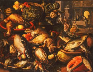 Selvaggina, Pesce, Frutta e Verdura in Cesti e Ciotole in una Dispensa, 1569 da Joachim Beuckelaer