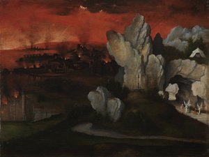 Paesaggio con la distruzione di Sodoma e Gomorra, 1520 circa (olio su tavola) da Joachim Patinir