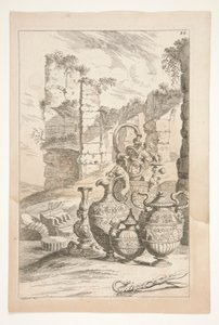 Un candelabro e brocche ornamentali con manico in un paesaggio con rovine, da Sculpturae Veteris Admirata da Joachim von Sandrart