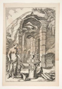 Donna in abito antico con urne, piedistalli e rovine da Joachim von Sandrart