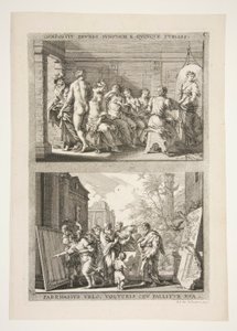 metà superiore: COMPOSIT ZEUXES IUNONEM E QUINQUE PUELLIS metà inferiore: PARRHASIUS VELO, VOLVCRIS CEV FALLITOR VUA da Joachim von Sandrart