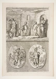 parte superiore: Quattro statue antiche parte inferiore: Fucina di Vulcano e Un generale romano vittorioso da Joachim von Sandrart