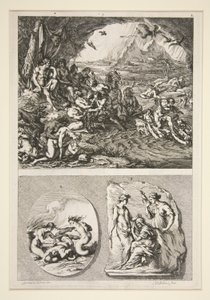 parte superiore: Quos Ego? parte inferiore: Due rilievi antichi: Le tre Parche e un soggetto sconosciuto da Joachim von Sandrart