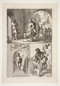 metà superiore: Soggetto religioso sconosciuto metà inferiore: Una statua di putto in una nicchia e una statua di fauno in un paesaggio da Joachim von Sandrart