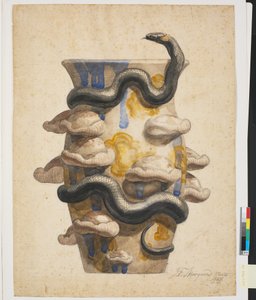Bozzetto per vaso decorato con serpente e funghi in rilievo