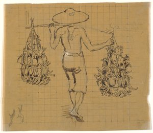 Coolie giavanese che cammina con due carichi su un giogo, visto da dietro da Joakim Frederik Skovgaard