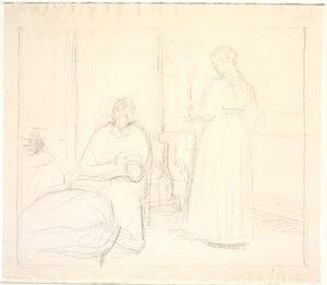 Interno con orologio e donna seduta e in piedi da Joakim Frederik Skovgaard