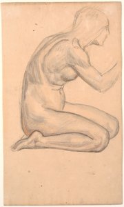 Studio di modello; donna inginocchiata di profilo