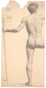 Modello maschile in piedi, visto da dietro, bastone nella mano sinistra, braccio e gamba destra tagliati da Joakim Frederik Skovgaard