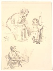 Due studi di figure. In alto una donna seduta che osserva un bambino alla porta; in basso una donna con un bambino al pianoforte da Joakim Frederik Skovgaard