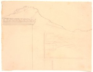 Vista verso edifici su una cima rocciosa; in primo piano a sinistra un angolo di casa da Joakim Frederik Skovgaard