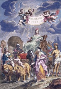 Un piatto allegorico con titolo, Geographia Blaviana, c.1662-1667 da Joan Blaeu