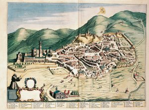 Mappa di Assisi da Theatrum civitatum et admirandorum Italiae, di Joan Blaeu, incisione da Joan Blaeu