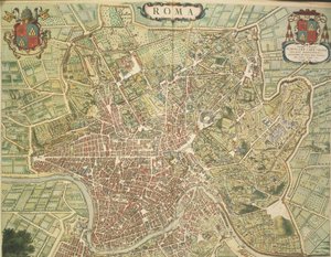 Mappa di Roma, incisione da Theatrum civitatum et admirandorum Italiae di Joan Blaeu, stampato in Italia da Joan Blaeu