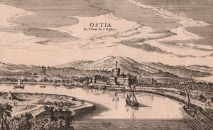 Veduta prospettica della città e del porto di Ostia, Lazio, Italia, incisione su rame, ca 278x173 cm