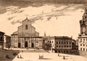 La Basilica di San Petronio in Piazza Maggiore, Bologna, Emilia-Romagna, Italia, incisione su rame, ca 21x29 cm