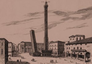 Le due torri (Asinelli e Garisenda), Bologna, Emilia-Romagna, Italia, incisione su rame, ca 21x29 cm da Joan Blaeu