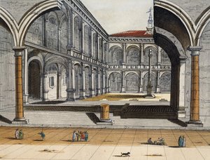Veduta del cortile interno della vecchia Università di Bologna, Joan Blaeu, incisione, Italia