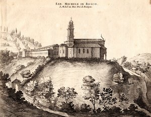 Veduta del Monastero di San Michele in Bosco, Bologna, Emilia-Romagna, Italia, incisione su rame, ca 21x29 cm da Joan Blaeu