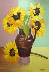 Cinque girasoli in una brocca marrone alta, 2007