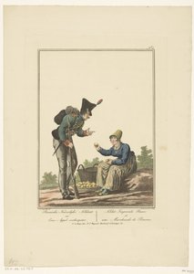 Soldato in piedi accanto a una venditrice di mele seduta (Soldato imperiale russo e una venditrice di mele) (Uniformi e costumi)