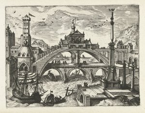 Città con ponte edificato (serie di paesaggi, vedute marine e vedute di città fantasiose) da Joannes van Doetechum (I) (attributed to)
