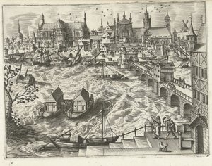 Veduta urbana con ponte e porto (serie Paesaggi, vedute marine e vedute urbane fantasiose) da Joannes van Doetechum (I) (attributed to)