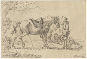 Cavaliere accanto a un cavallo che urina da Joannis Jacobus Bijlaert