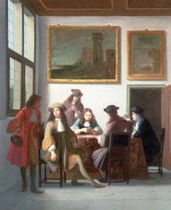 Un interno elegante con uomini che giocano a carte da Job Berckheyde