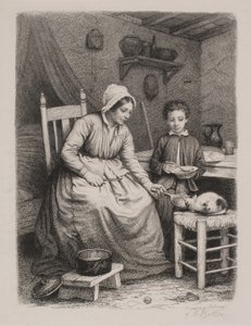 Il gatto riceve il pranzo da una donna povera. Scena domestica da Joel Ballin
