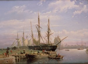 Navi a vela olandesi ancorate in un estuario da Johan Adolph Rust