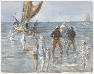 Dama portata a terra da due pescatori da una barca da Johan Antonie de Jonge