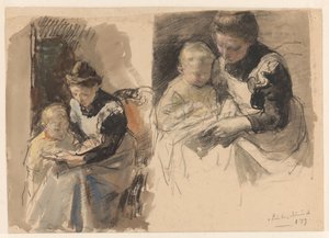 Due studi di una domestica che insegna a leggere a un bambino seduto sulle sue ginocchia da Johan Antonie de Jonge