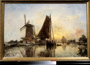 Paesaggio olandese, barche vicino al mulino da Johan Barthold Jongkind