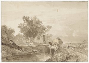 Paesaggio con un ponte con un carro di fieno