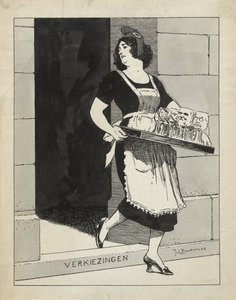Progetto per illustrazione in De Amsterdammer: La Vergine Olandese come domestica con un vassoio di bicchieri inciampa sul gradino Elezioni (17 maggio 1924)