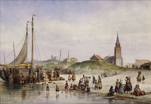 Pescatori su una spiaggia con una città oltre, 1857 da Johan Gerard Smits