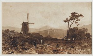 Paesaggio collinare con un mulino a sinistra da Johan Hendrik Weissenbruch
