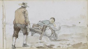 Paesaggio con uomo che spinge un ragazzo su un carretto da Johan Hendrik Weissenbruch