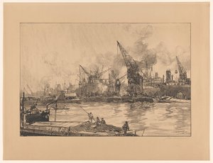 Veduta del porto di Rotterdam, con diverse gru da Johan Hendrik van Mastenbroek (signed by artist)