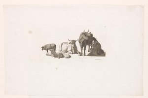 Donna che munge una mucca, con bovini e pecore da Johan Jakob Biedermann